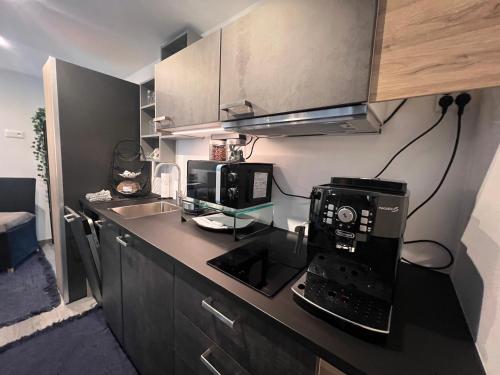 a kitchen with a microwave and a coffee maker on a counter at Dependance Villa Komposch adults only in Reifnitz