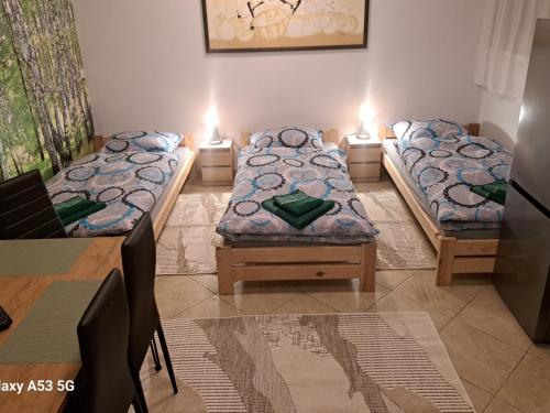 three beds in a room with lights on at Noclegi "LAS WYPAS" Trzcianka in Trzcianka