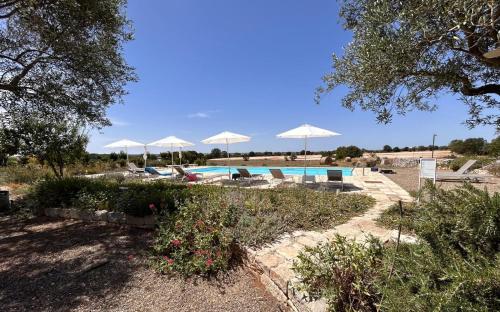 a swimming pool with white umbrellas and bushes at Agriturismo La Civetta in Gioia del Colle