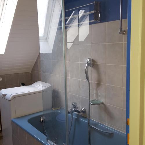 La salle de bains est pourvue d'une douche et d'une baignoire bleue à côté des toilettes. dans l'établissement Locations Dupertuis Alsace, au Hohwald
