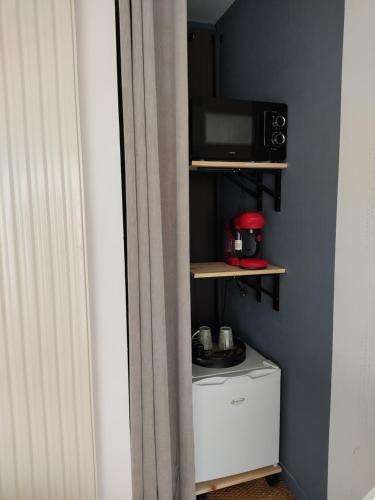 une petite cuisine avec un micro-ondes et une cuisinière dans l'établissement Chambre independante, à Ambarès-et-Lagrave