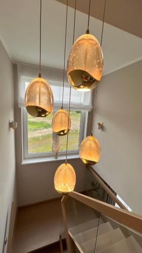 a group of lights hanging in a room with a window at Grünes Seeidyll - direkt am Puddeminer Wiek! in Puddemin