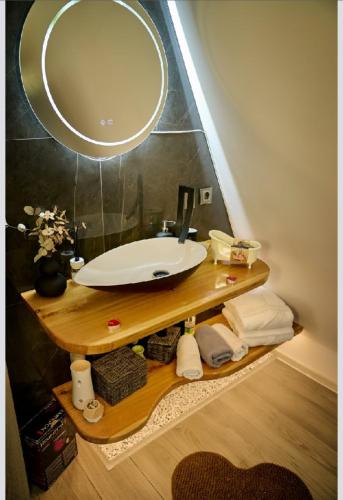 a bathroom with a sink and a mirror at Cabana A Vis in Taşca