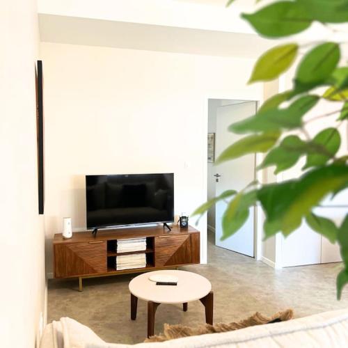 un salon avec une télévision et une table basse dans l'établissement Appartement rénové hyper centre, à Marmande