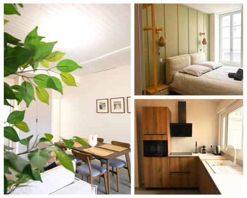une cuisine et une chambre avec un lit et une table dans l'établissement Appartement rénové hyper centre, à Marmande