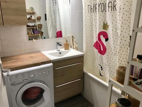 une salle de bain avec une machine à laver et un lavabo dans l'établissement Appartement T3 73m2 proche Bordeaux centre et aeroport, à Mérignac