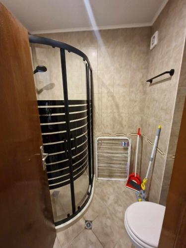 a bathroom with a shower with a toilet in it at Mit Prot Panorama Bay 2 luks Studio 40 in Sveti Vlas