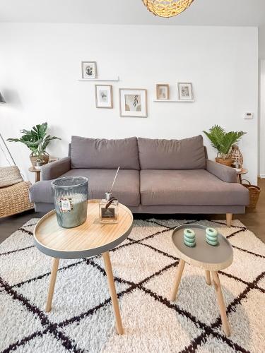 un salon avec un canapé et deux tables dans l'établissement Charme et confort à Bondy - proche Paris Disney CDG, à Bondy