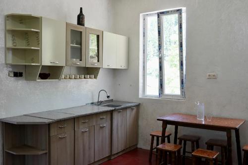 a kitchen with a sink and a table and a window at Guesthouse Mareti in Shuakhevi