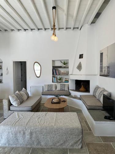 a living room with two couches and a fireplace at Plakoto House in Exámbela