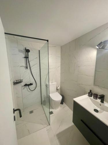 a bathroom with a shower and a toilet and a sink at Stella's Petite Boîte in Rafina
