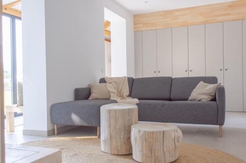 a living room with a couch and two wooden stools at Sam's - Forest & Spring in Stoiceni