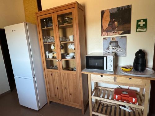 a kitchen with a refrigerator and a counter with a microwave at Monte da Clareira - Comporta Carvalhal Melides in Grândola