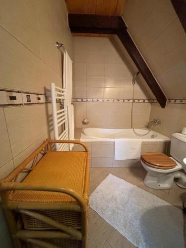 a bathroom with a toilet and a bath tub at A Hunter's Lodge in Dâmbovicioara