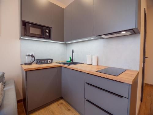 a small kitchen with a counter and a microwave at Smart House Apartments in Lviv