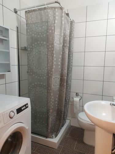 a bathroom with a shower curtain next to a toilet at Samos Cozy Apartment in Samos