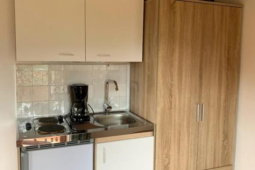 a kitchen with a sink and a stove and cabinets at Zimmer JOSEFINE am Grandsberg in Schwarzach
