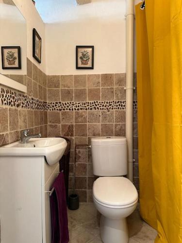 a bathroom with a white toilet and a sink at Jolie maison atypique in Vézénobres