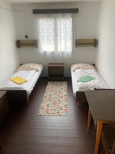 two beds in a room with a window and a rug at Churáňov Chatičky in Stachy