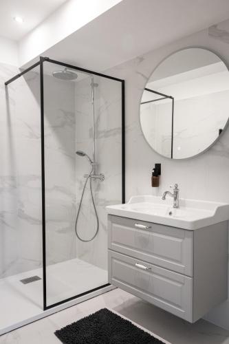 a bathroom with a shower and a sink and a mirror at Aura Castle in Picquigny