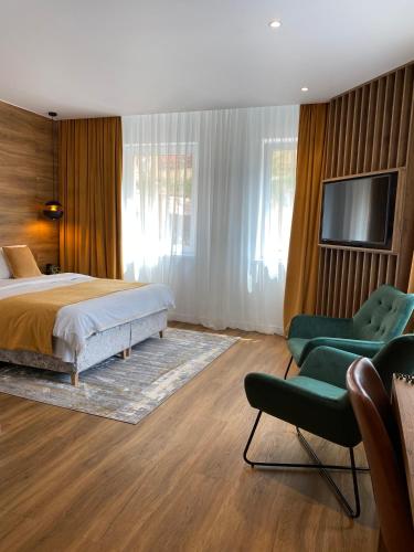 a bedroom with a bed and two chairs and a television at Casa Cristina in Braşov