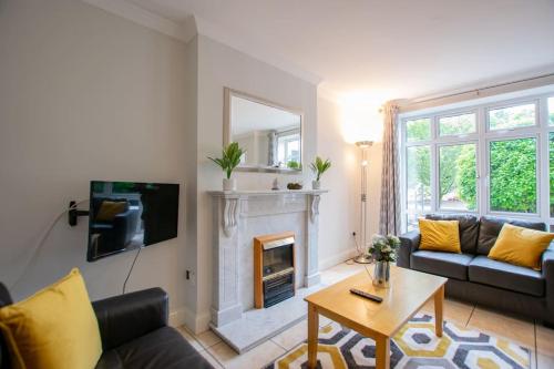 a living room with a couch and a fireplace at 17 - Spacious 2 Bed Apt with Parking in Galway