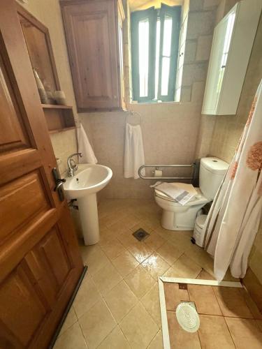 a bathroom with a toilet and a sink at Refoulo Tower in Poliána