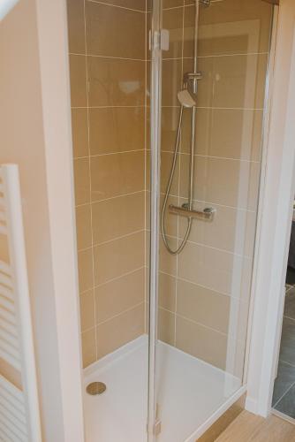 une douche avec une porte vitrée dans une salle de bain dans l'établissement Le 103 avec parking privé, à Dijon