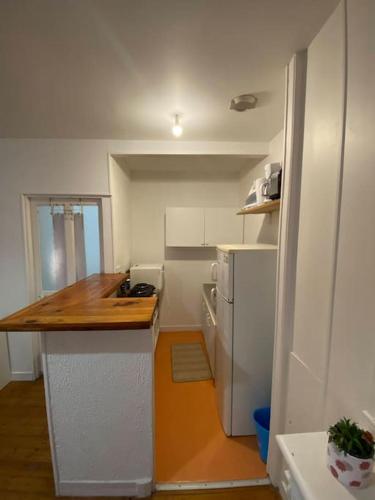 une petite cuisine avec un comptoir et un réfrigérateur dans l'établissement Charmant Studio , plein centre, à Brest