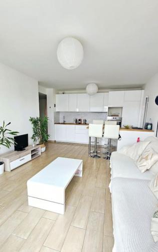 Il comprend un salon blanc avec un canapé blanc et une cuisine. dans l'établissement Charmant 2 pièces avec terrasse à 5 minutes de Paris, à Clichy