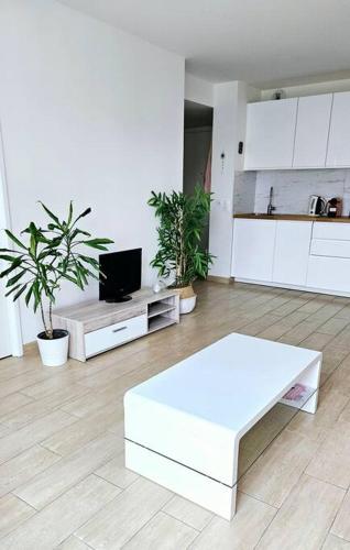 un salon avec un canapé blanc et une table dans l'établissement Charmant 2 pièces avec terrasse à 5 minutes de Paris, à Clichy