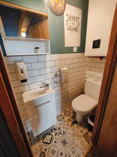 une salle de bain avec des toilettes blanches et un lavabo dans l'établissement Gite atypique, à Plounéour-Trez