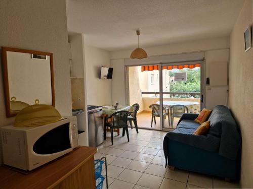 un salon avec un canapé et une télévision dans l'établissement Appartement avec piscine et parking, proche des commerces - FR-1-387-189, à Marseillan