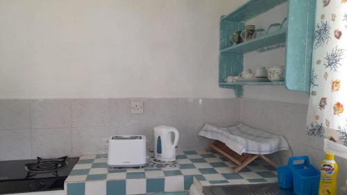 a kitchen with a counter with a toaster and a stove at Maison Amantine in Mahe