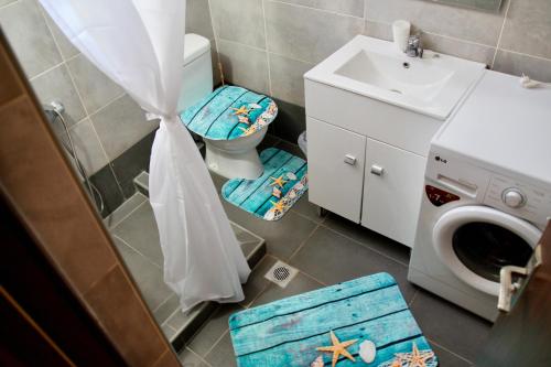 bagno con servizi igienici, lavandino e lavatrice di Glykeraki's House a Nea Kalikratia