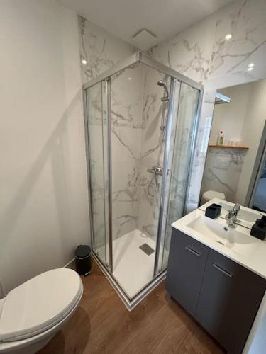 une salle de bain avec une douche, des toilettes et un lavabo dans l'établissement Côté Plage - Plein centre de Binic, à Binic