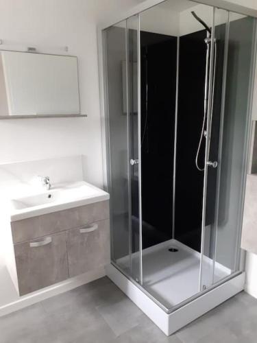 une douche en verre dans une salle de bain avec un lavabo dans l'établissement Gîte des Vergers 