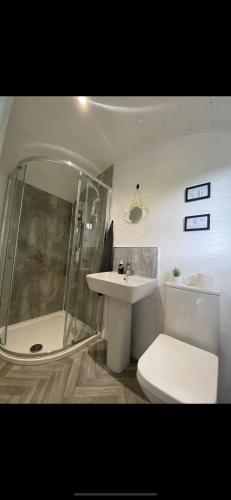 a bathroom with a shower and a toilet and a sink at Little lake lodge faceboo in Armoy