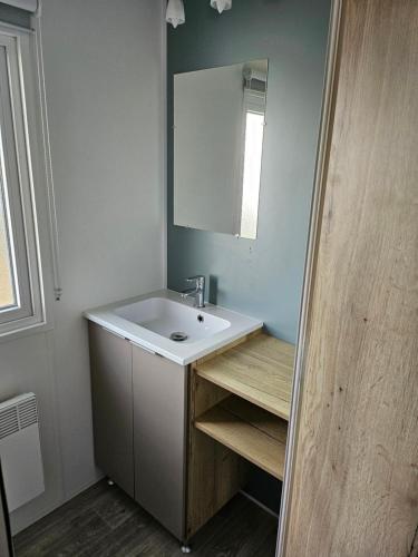 une salle de bain avec un lavabo et un miroir dans l'établissement Camping Le Bois Dormant, à Saint-Jean-de-Monts