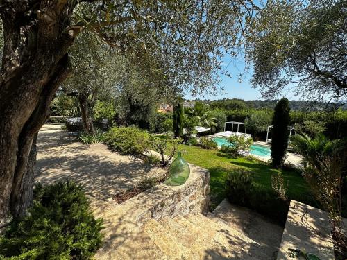 un jardin avec un arbre et une piscine dans l'établissement Mas Saint Antoine - Appartement, à Grasse