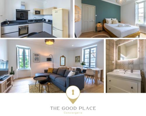 Il comprend une cuisine et un salon avec un canapé bleu. dans l'établissement Appartement intramuros hyper centre Avignon, à Avignon