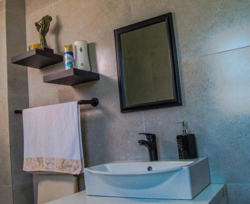 een badkamer met een wastafel en een spiegel bij Cosy Nest 5min2 Sandton City 6 in Vosburg