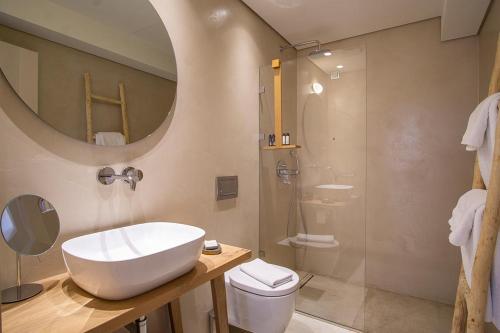 a bathroom with a sink and a toilet and a shower at BASSA MAINA Villas & Suites in Areopolis