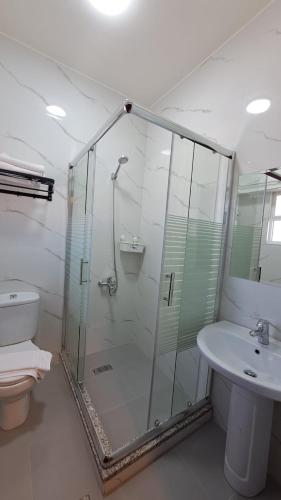 a bathroom with a shower and a toilet and a sink at Rumman Hotel in Madaba