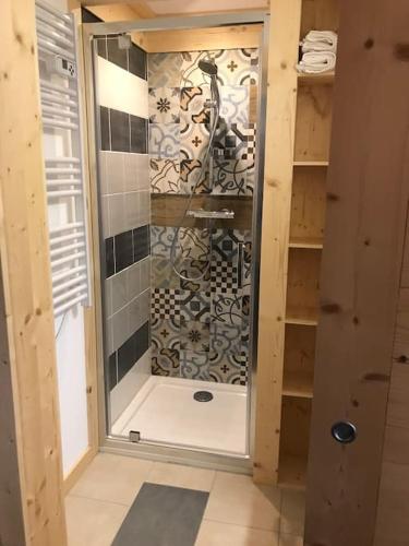 une douche avec une porte vitrée dans une salle de bain dans l'établissement Studio à la montagne Flumet, à Flumet