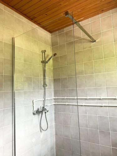 a shower in a bathroom with a shower head at Domacinstvo Paprica Tjentiste in Foča