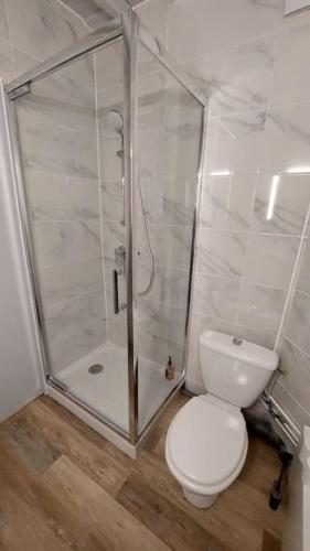 une salle de bain avec toilettes et douche en verre dans l'établissement Appartement vue cathédrale, à Amiens