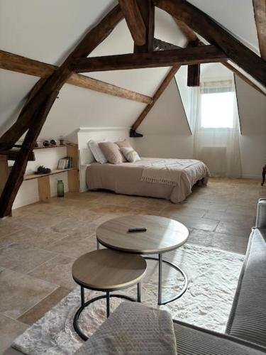 un salon avec un lit et une table dans l'établissement Appartement au Cœur d'Auxerre, à Auxerre