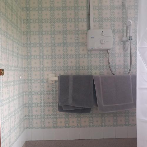 a bathroom with two towels hanging on a wall at Drumgauty Cottage in Strabane