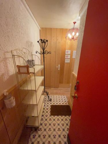 a small bathroom with a staircase in a room at Appartements bien situés avec terrasse in Le Mont-Dore